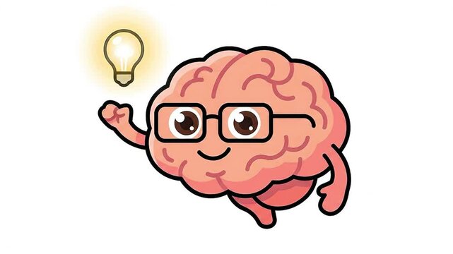 Cute Cartoon Brain Character with Glasses Pointing to Glowing Lightbulb Having Great Idea