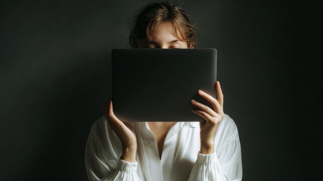 Woman holds laptop in front of her face while standing against a dark background
