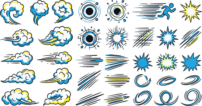 Comic book action elements set with smoke clouds speed lines and explosion bursts vector illustration