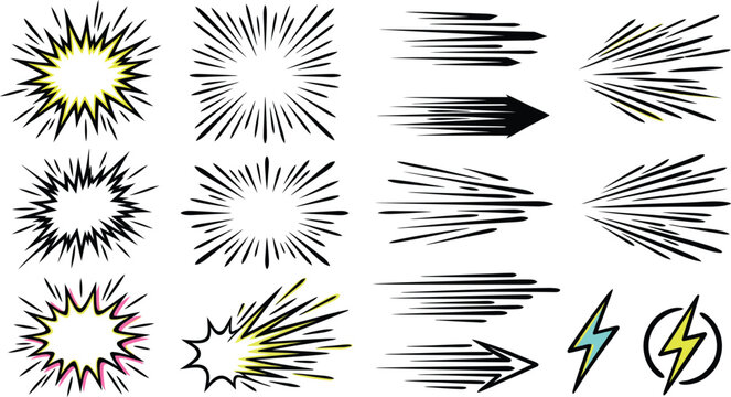 Comic book speed lines, explosion bursts, and motion effect vector element set