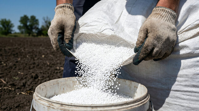 Farmer pouring white mineral fertilizer granules | Close up of worker using nitrogen pellets in field | Industrial white beads poured from sack into bucket | Agricultural soil enrichment preparation
