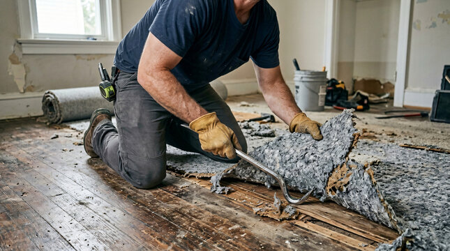 professional carpet removal service | home renovation hardwood floor restoration | diy flooring demolition project | worker pulling up old carpet padding | interior remodeling construction site