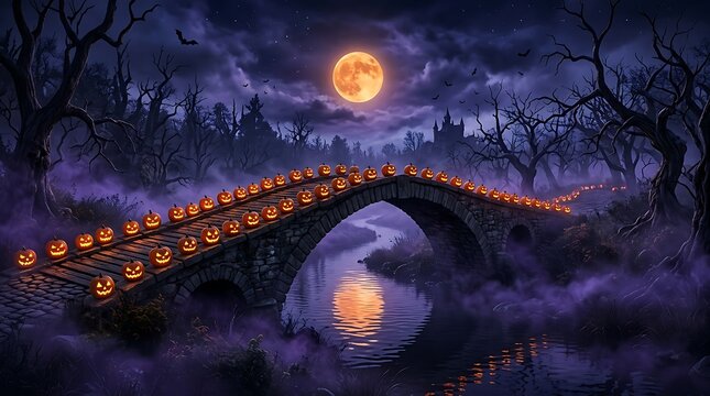 Glowing jack o lanterns sitting in a long winding row across an old stone bridge under a bright full moon in a spooky dark forest