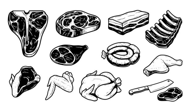 Butcher Shop Meat Cuts and Chicken Black White Vector Icon Set