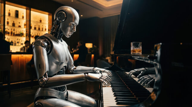 Humanoid AI robot playing a grand piano in an elegant lounge, surrounded by warm ambient lighting and sophisticated bar decor, blending artificial intelligence, music technology and creativity
