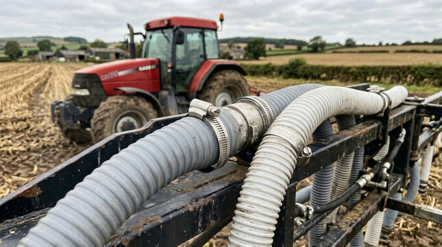 Agricultural machinery hoses and connections | Red tractor working in autumn field | Close up of farming equipment details | Heavy duty industrial irrigation pipes | Modern agricultural technology 