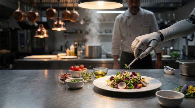 AI robotic chef plating a gourmet salad in a restaurant kitchen, collaborating with a human chef, showcasing culinary automation, artificial intelligence, food technology and hospitality setting