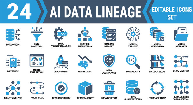 Set of 24 ai data lineage and machine learning icons for technical business projects featuring vector illustrations of database engineering model training and flow mapping Solid Icon bundle