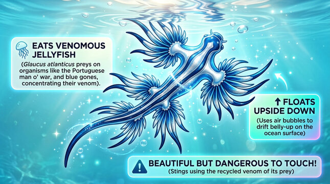Educational Infographic of Glaucus Atlanticus Blue Dragon Sea Slug Floating on Ocean Surface with Biological Facts