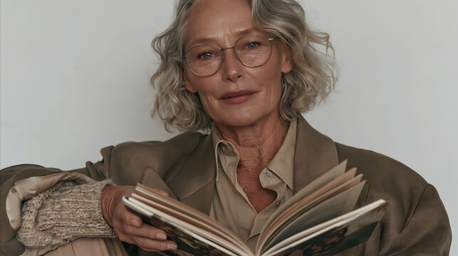 Elderly woman holding open book on sofa