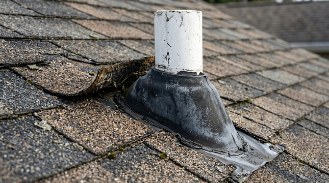 Damaged roof vent flashing and cracked plumbing boot | Asphalt shingle roof leak inspection and repair | Weathered roofing shingles with curling edges | Residential home maintenance roof pipe sealing