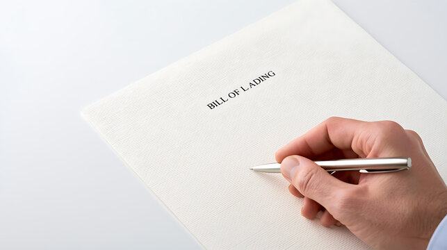 A business person hand hold metal pen and sign bill of lading document paper on white desk table in office for logistics shipping contract