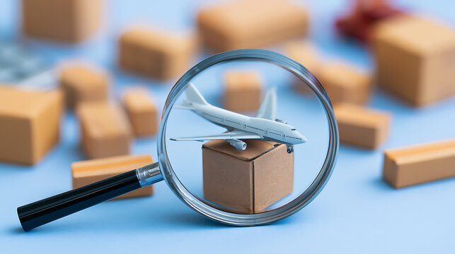 Magnifying glass focused on a model airplane atop a cardboard box surrounded by package parcels representing global supply chain logistics