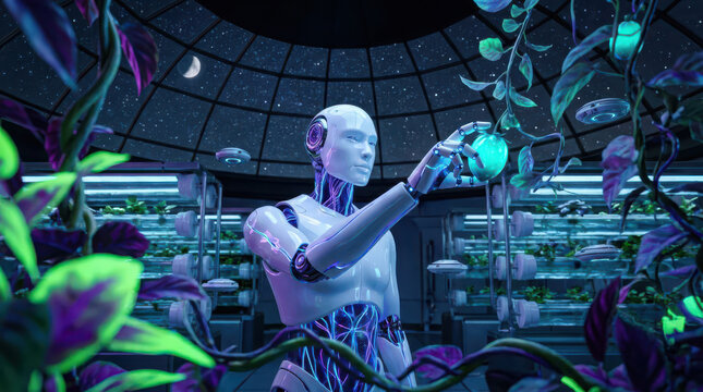 Futuristic Humanoid Robot Tending Glowing Bioluminescent Plants in Neon-Lit Sci-Fi Greenhouse Laboratory, Advanced AI Android Caring for Genetically Engineered Flora in Space Station Botanical Dome