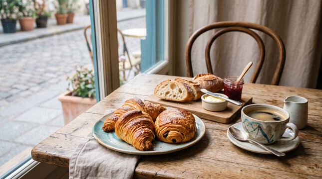 french breakfast on wooden table near window in cafe