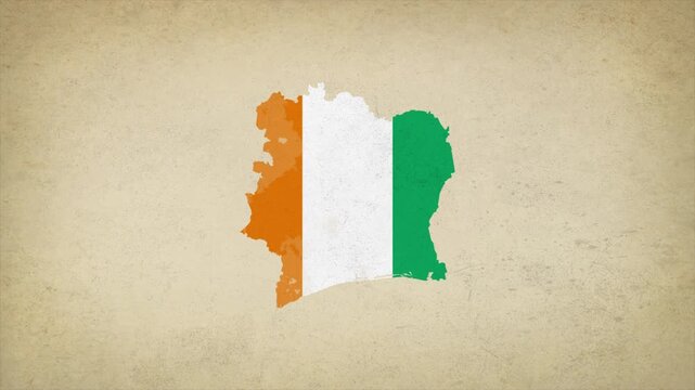 Animated Appearing IVORY COAST Map Filled with Flag Isolated on Vintage Background