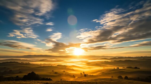 Golden sunrise over rolling hills with morning mist