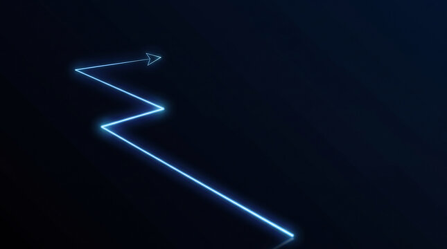 Neon blue arrow pointing up, glowing zigzag line on dark background, futuristic business growth and success concept