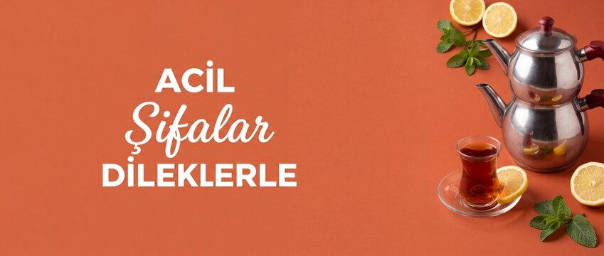 Traditional Turkish Tea Teapot Glass with Lemon Mint on Orange Background for Get Well Soon Wishes Turkish Text Acil Sifalar Concept Healthy Beverage Remedy Graphic Layout Banner Copy Space