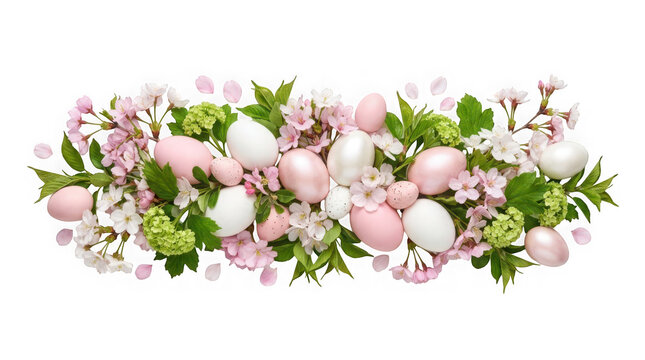 Decorative arrangement of pastel easter eggs with cherry blossoms and green leaves isolated on transparent background