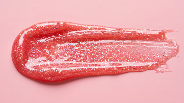 Sparkling coral pink lip gloss swatch | Shimmering cosmetic gel texture on pink background | Glittery lip lacquer smear for beauty blog | Macro view of coral lip product with sparkles