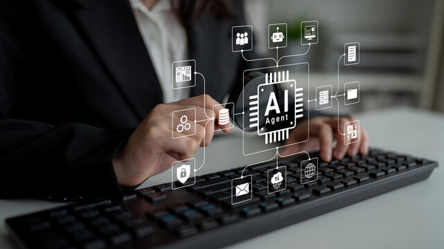 Business Professional Using Keyboard with AI Agent Concept Illustrating Digital Transformation and Technology Integration in Modern Work Environment. Glyphic.