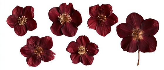Set of dried dark burgundy Hellebore blossoms, winter botanical herbarium, isolated on pure white background