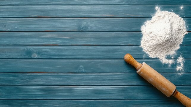 Rolling pin dusted with flour rests on a dark wooden table, inviting creativity in baking delicious treats and pastries