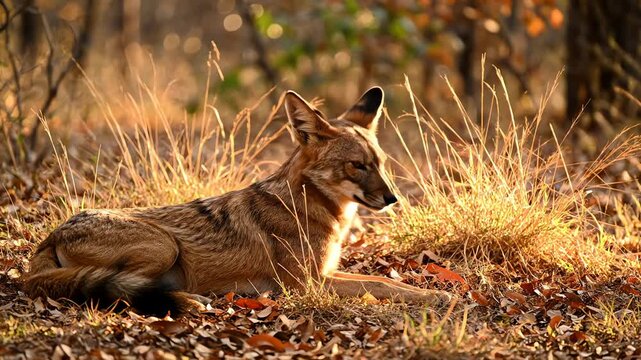 Black-backed jackal resting in dry grass