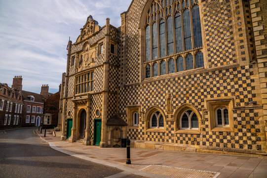 A view from the Saturday Market Place past the historic King's Lynn Town Hall in King's Lynn, Norfolk, England in summertime