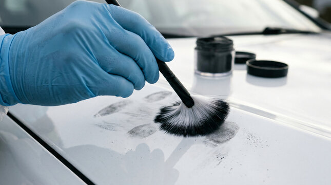 forensic investigator dusting for fingerprints on car | crime scene investigation evidence collection process | forensic scientist lifting latent fingerprints with brush | police criminalist working 