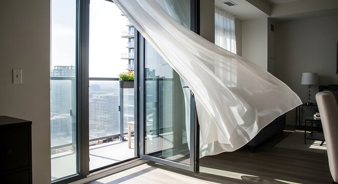 Sheer white curtain blowing in the wind by an open balcony door in a modern apartment.
