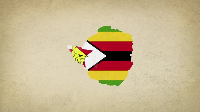 Animated Appearing ZIMBABWE Map Filled with Flag Isolated on Vintage Background