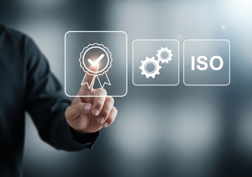 Businessman touching iso quality management system certification icon