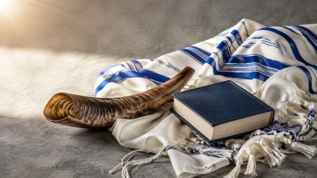 Traditional Yom Kippur and Rosh Hashanah still life with a shofar horn, tallit prayer shawl, and a prayer book on a stone background with warm morning light.