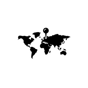 Black world map silhouette with location pin icon for travel navigation and global logistics services.