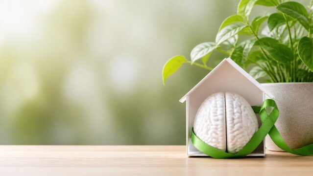 A brain model inside a miniature house wrapped in a green ribbon with a potted plant, symbolizing mental health awareness, emotional safety, home wellness, and psychological care.