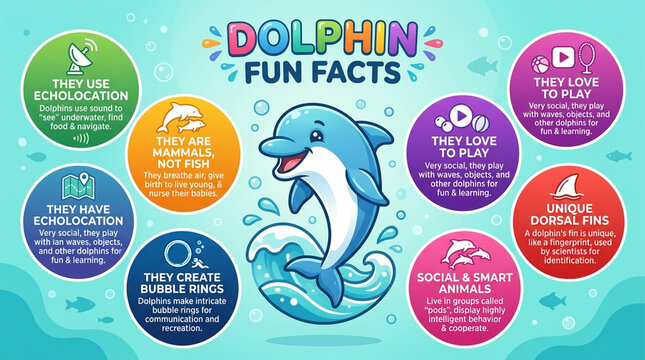 Dolphin Fun Facts Educational Infographic Poster for Kids with Marine Life Information
