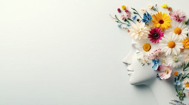 A silhouette of a head adorned with colorful flowers, symbolizing creativity and mental clarity in a flat lay arrangement