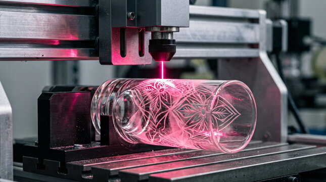 Precision laser engraving on glass | CNC laser etching machine in action | Custom patterned glass cylinder production | Industrial laser marking technology