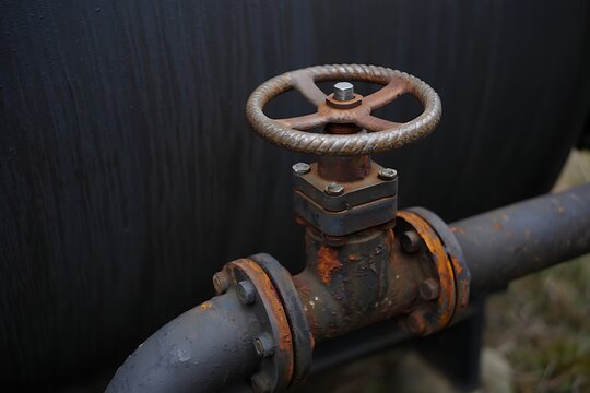 Industrial rusty metal pipe valve and circular handle mounted on a dark storage tank outdoors