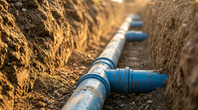 Laying blue PVC drainage pipes in ground trench | Underground plumbing and sewage system installation | Construction site water pipe drainage network | Industrial sewer pipe connection in excavated