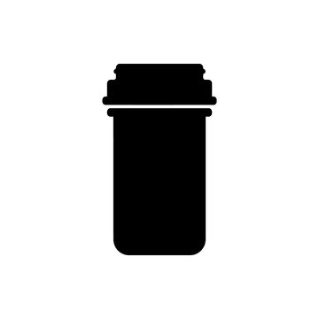 Black medicine pill bottle icon isolated on transparent checkered background.