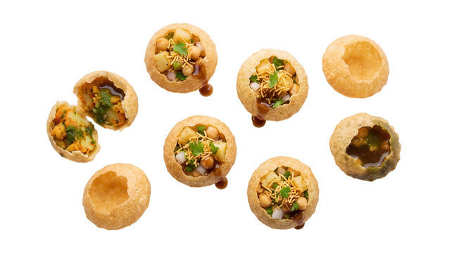 Top view of delicious indian street food pani puri or golgappa filled with spicy potato, chickpeas, chutney, and sev isolated on transparent background on transparent background