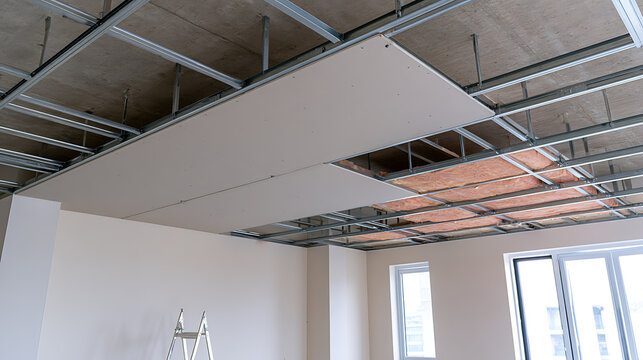 Commercial interior construction project showing metal frame structure and plasterboard panels mounted on the ceiling of a modern building