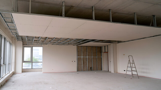 Commercial office interior space under construction with metal frame false ceiling structure drywall partitions and step ladder in empty room