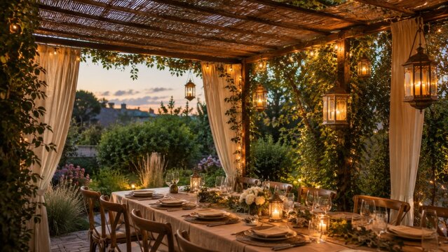 Traditional sukkah decorated with greenery and white curtains, featuring a long wooden dining table set with pumpkins, gourds, and fruits for the Jewish holiday of Sukkot harvest celebration.