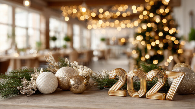 Golden 2027 numbers and festive christmas decorations on a wooden table, creating a cheerful atmosphere for new year celebrations and holiday season events