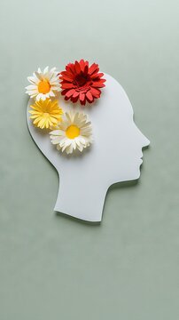 Colorful flower-filled silhouette representing mental health and emotional well-being against a serene light green backdrop