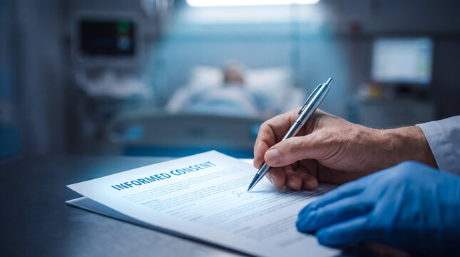 Doctor wearing blue medical gloves signing an informed consent form in a hospital patient room